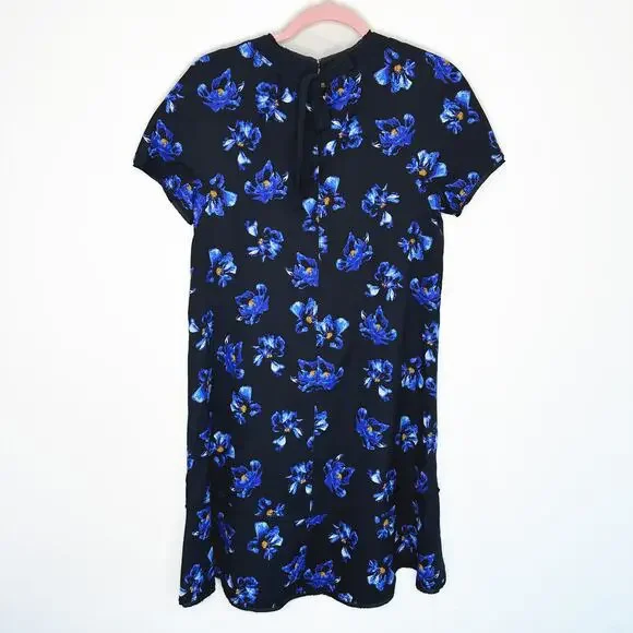 Proenza Schouler Floral Print Blue Black Tie Back Short Sleeve Mini Shift Dress - Picture 9 of 16